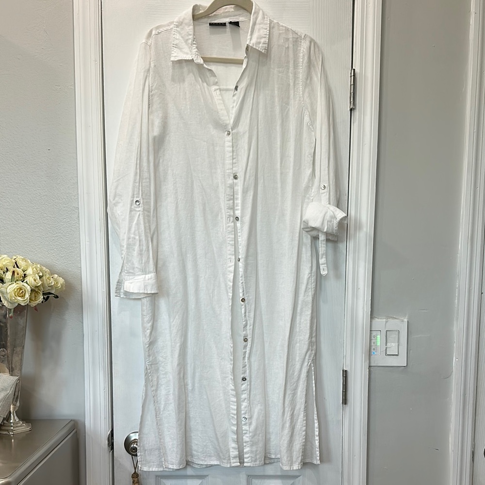 Tahari linen White Button-Up Shirt Dress